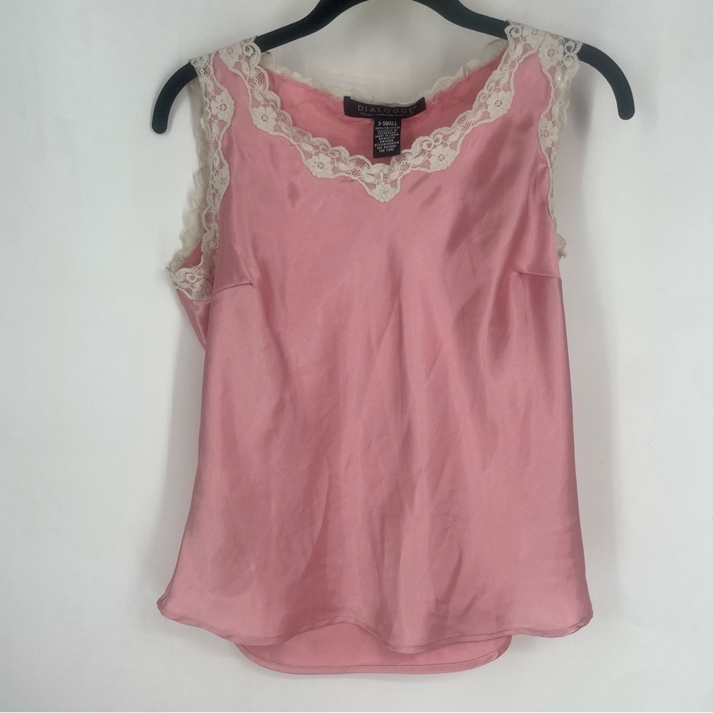 Vintage Y2K Dialogue XS Pink White Lace Satin Pink Tank Top Babydoll Coquette
